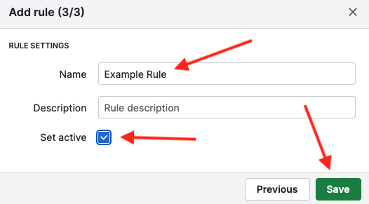 Naming an automatic assignment rule, setting it to active, and saving it