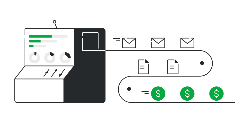 A machine feeding a conveyor belt that produces emails, documents and payments automatically