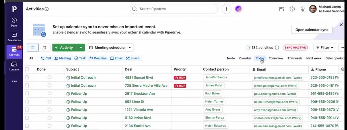 Pipedrive Activities list view filtered to activities due today