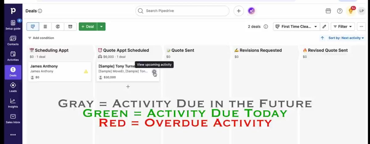 Pipedrive pipeline with activity status icons; gray is due in the future, green is due today, red is overdue