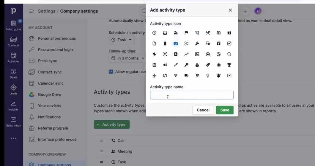 Pipedrive Add activity type dialog with icon picker and activity type name