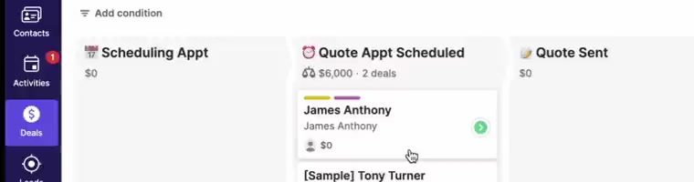 Pipedrive deal card showing color-coded labels in the pipeline view