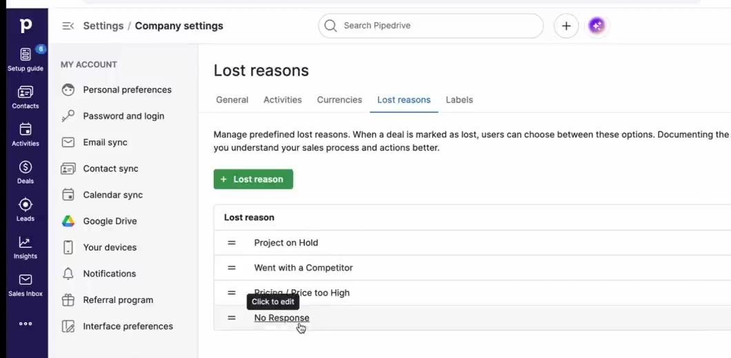 Pipedrive Lost reasons settings with No Response, Price too High, Went with a Competitor, and Project on Hold