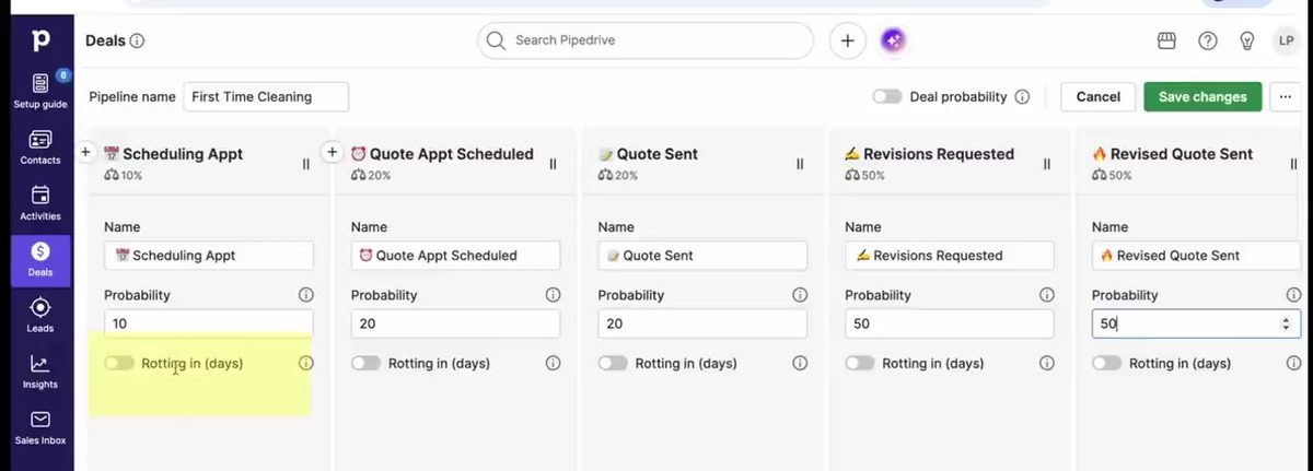 Pipedrive pipeline edit view showing probability and rotting settings for each stage