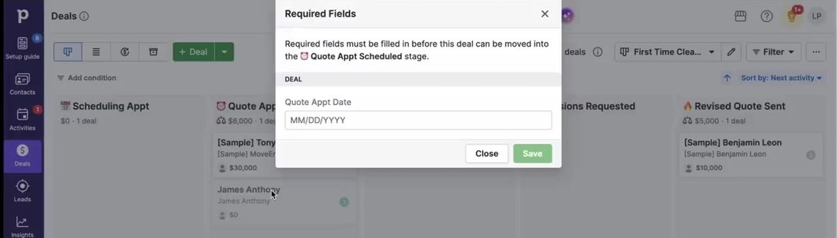 Pipedrive Required Fields pop-up asking for the Quote Appt Date before moving the deal