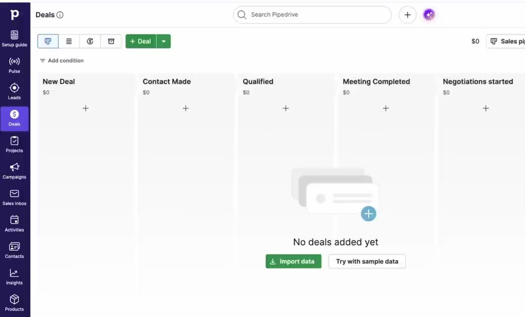 Empty Pipedrive pipeline with the Try with sample data button