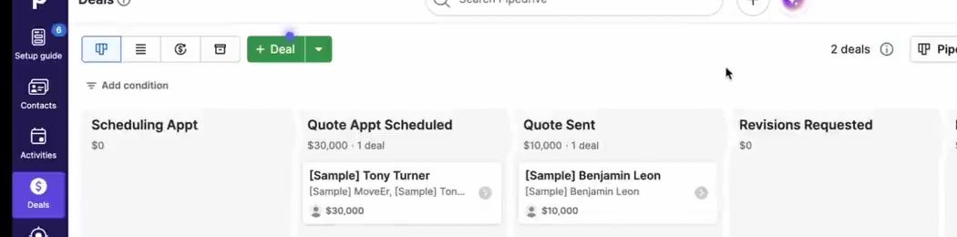 Pipedrive pipeline with past-tense stages: Scheduling Appt, Quote Appt Scheduled, Quote Sent, Revisions Requested