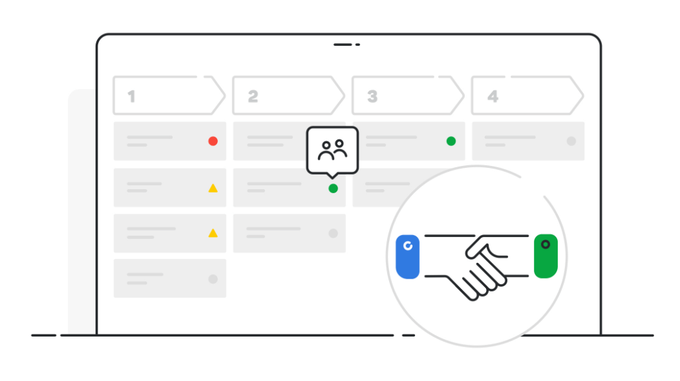 Illustration of a Pipedrive pipeline with a closed deal shown as a handshake